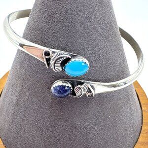 VTG Silver Cloud Navajo Sterling Silver Turquoise & Lapis Bypass Cuff Bracelet